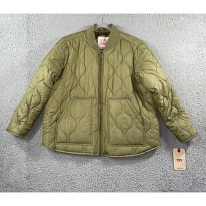 Levi's Quilted Bomber Jacket Women 1X Olive Green Ribbed Collar Zip Front‎